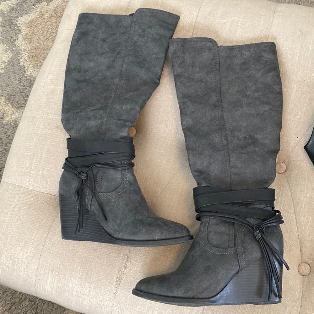 Gray Wedge Mid Calf Boots with Leather wrap